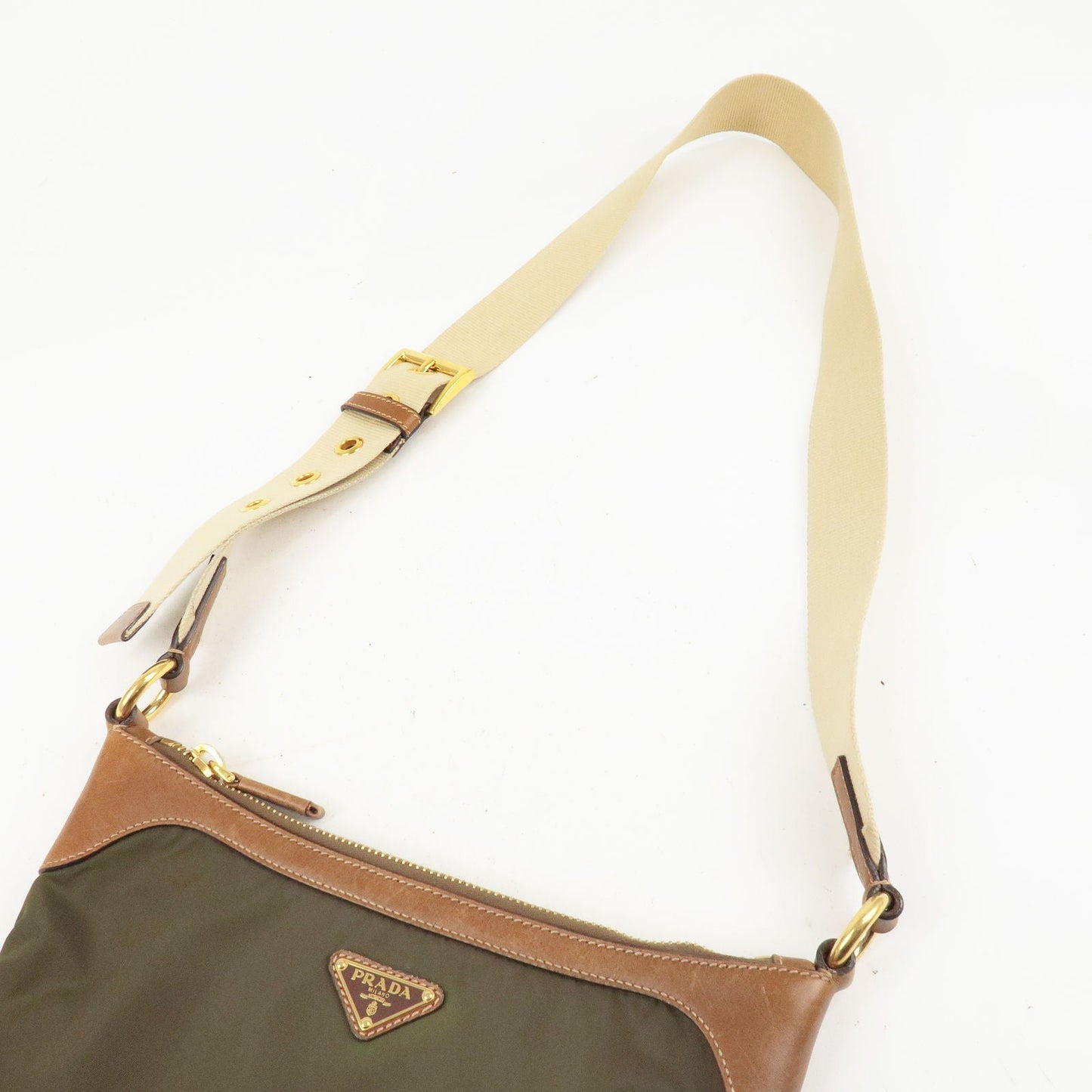 Prada Nylon Leather Shoulder Bag Khaki Brown