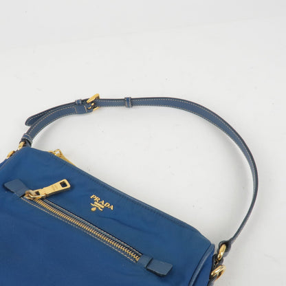 Prada Logo Nylon Leather Hand Bag Pouch Purse Blue BN1834