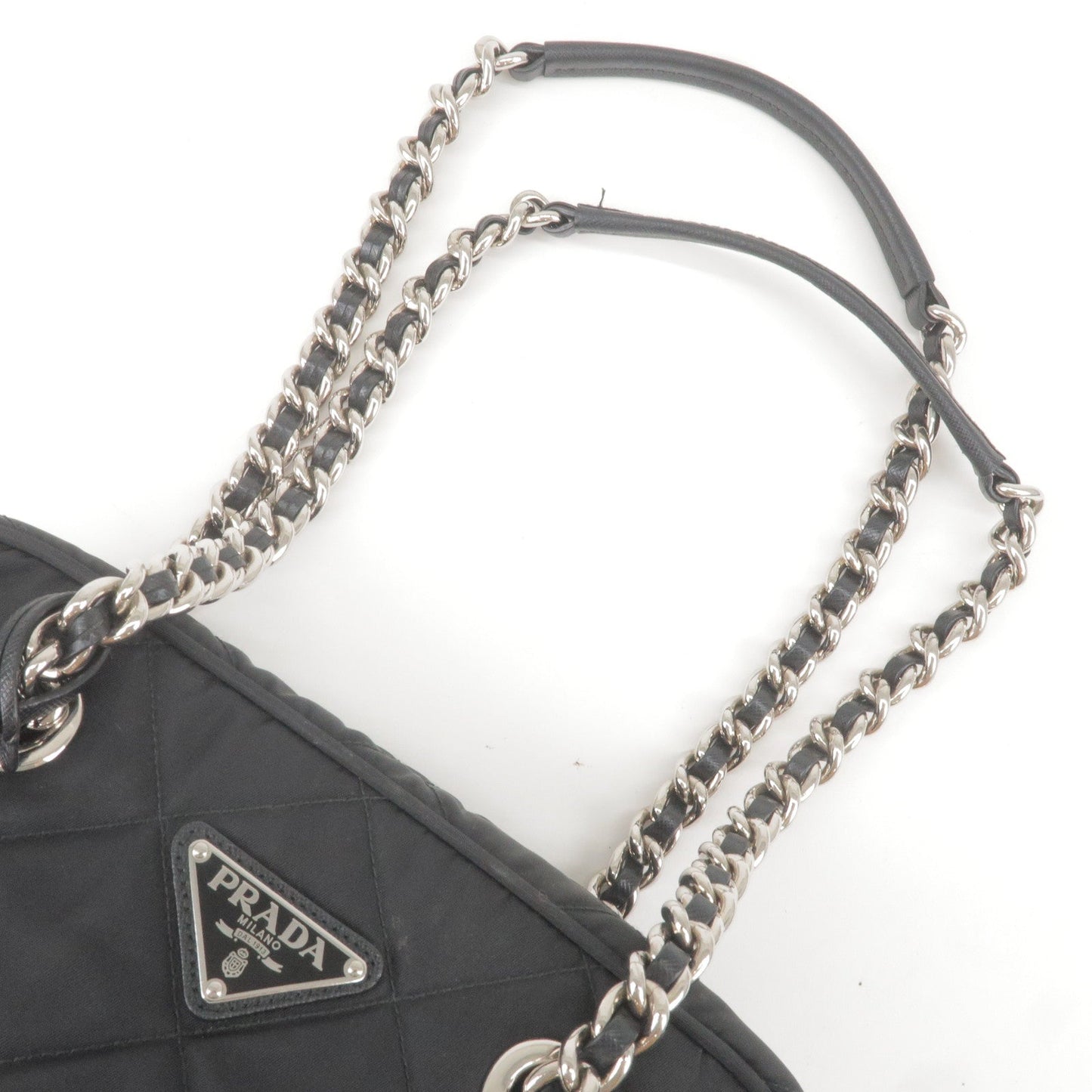 Prada Nylon Leather Quilting Chain Shoulder Bag Black 1BB072