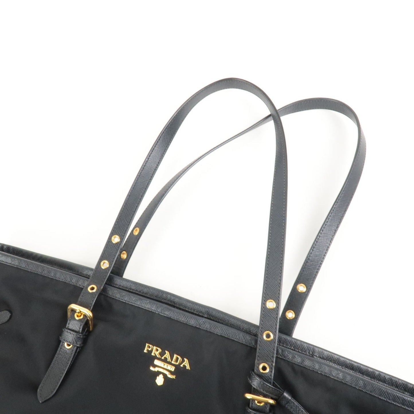 Prada Logo Nylon Leather Tote Bag Black Noir 1BG997