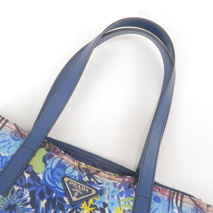 Prada Logo Nylon Leather Tote Bag Floral Print Blue BN2851