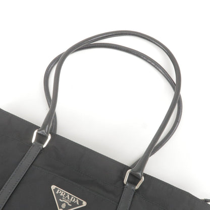 Prada Logo Nylon Leather Tote Bag Hand Bag NERO Black