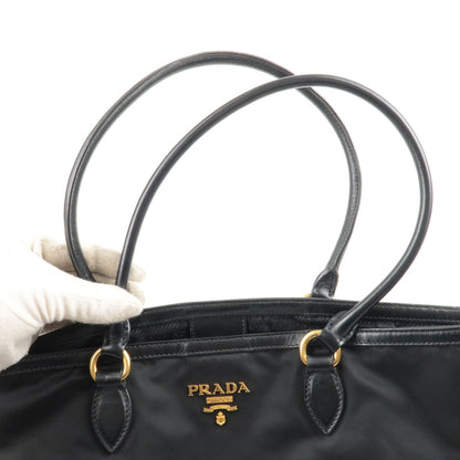 Prada Logo Nylon Leather Tote Bag Black Noir