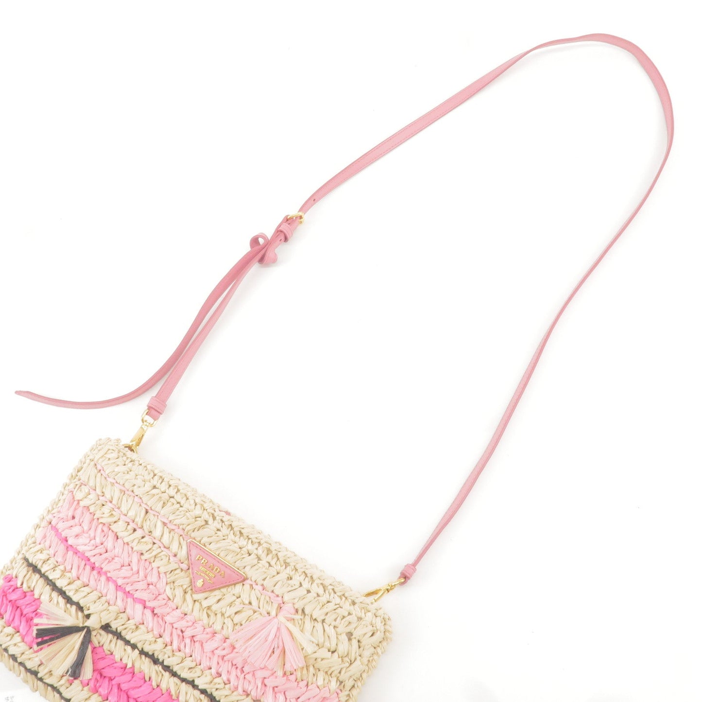 Prada Raffia Tricot Leather Shoulder Bag Beige Pink 1BF071