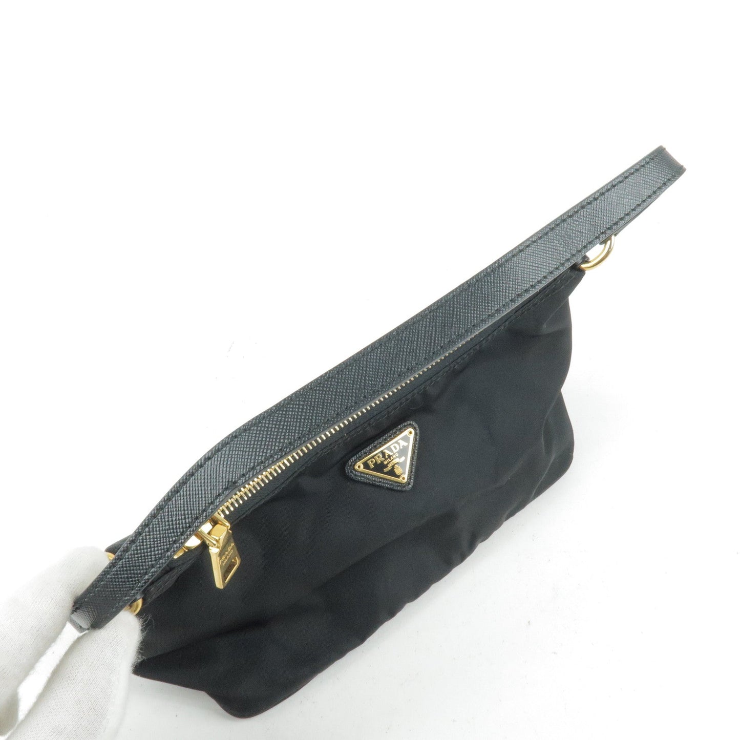 Prada Nylon Leather Hand Bag Pouch NERO Black 1N1413