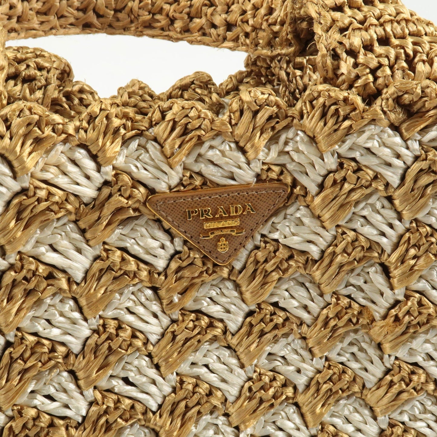 Prada Logo Raffia Crochet Tote Bag Hand Bag Beige Ivory BN2303