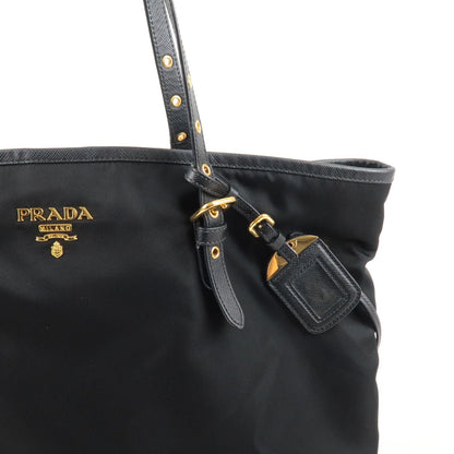 Prada Logo Nylon Leather Tote Bag Black Noir 1BG997