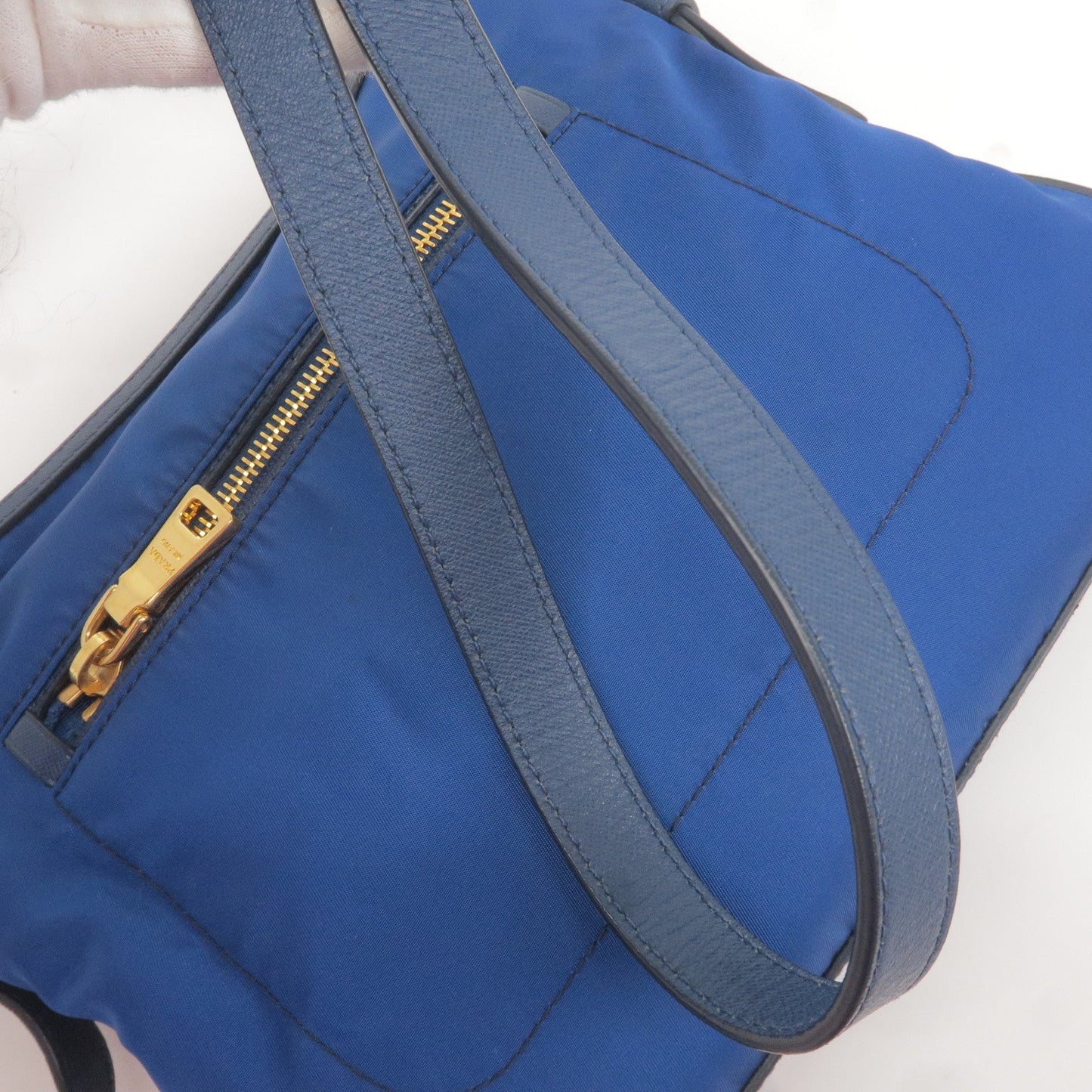 Prada Logo Nylon Leather Shoulder Bag Blue BT0706