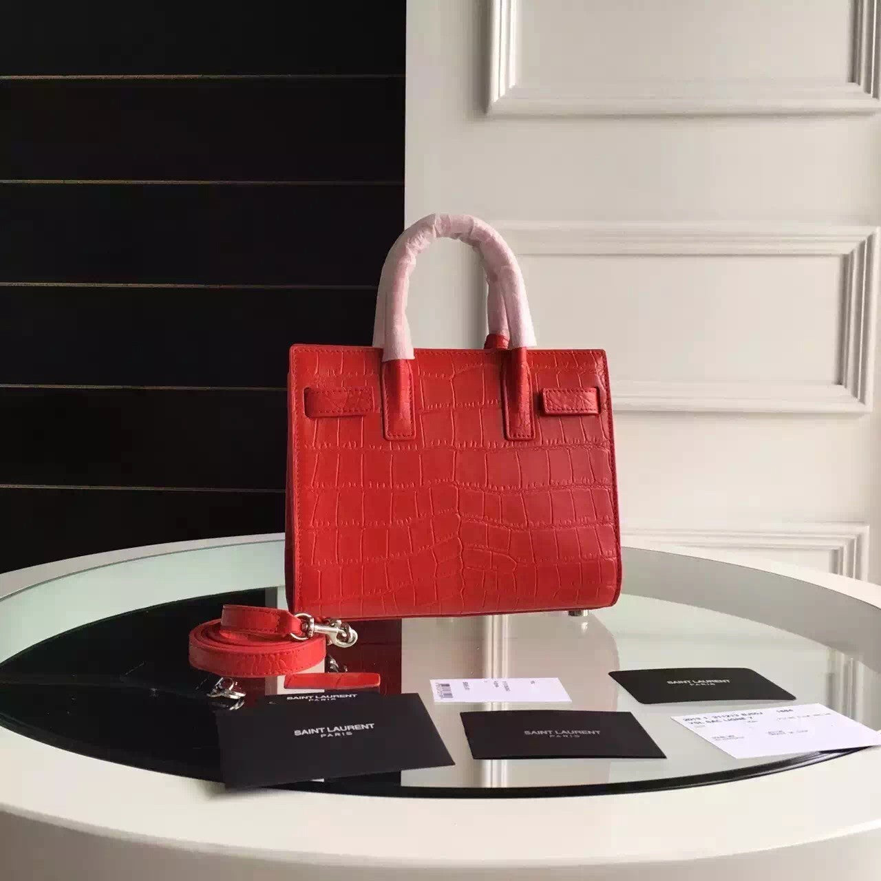 Yves Saint Laurent Nano Sac De Jour Croc Embossed Red Bag