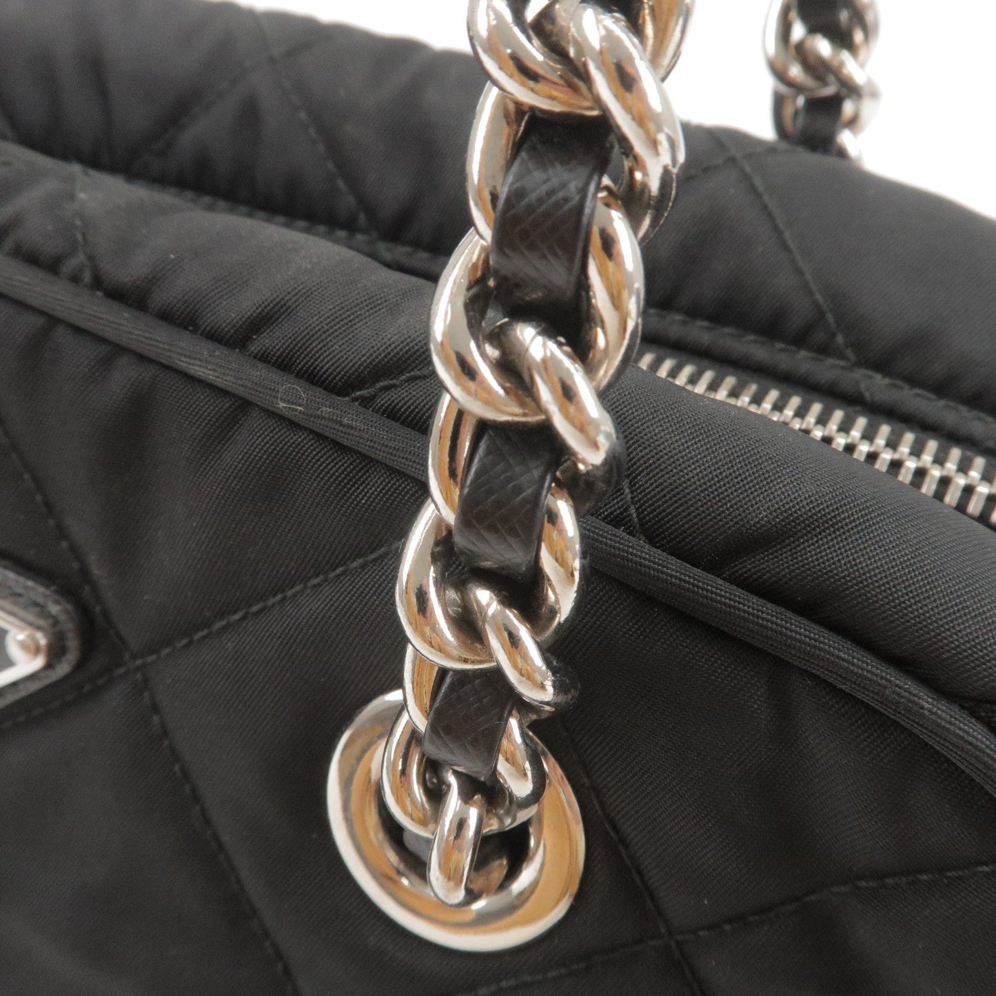 Prada Nylon Leather Quilting Chain Shoulder Bag Black 1BB072