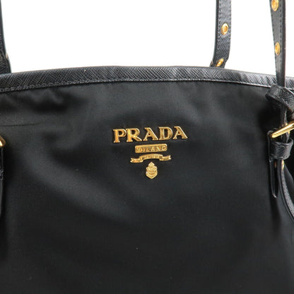 Prada Logo Nylon Leather Tote Bag Black Noir 1BG997