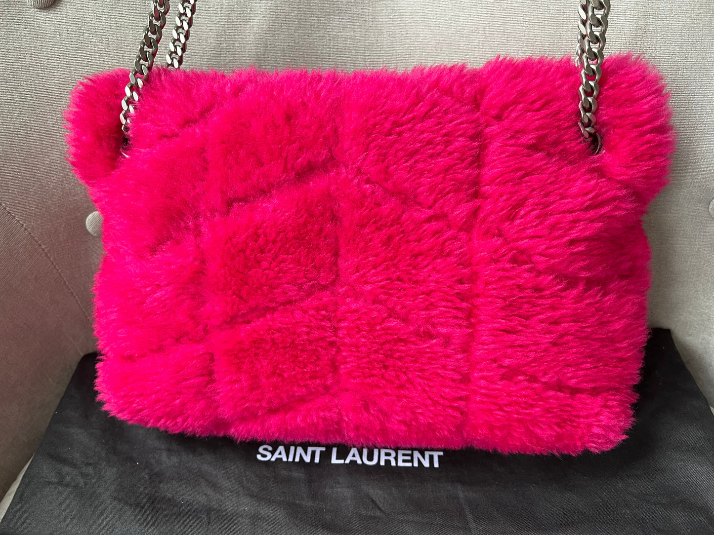 Yves Saint Laurent (YSL) Small Puffer in Pink Shearling with Silver Hardware