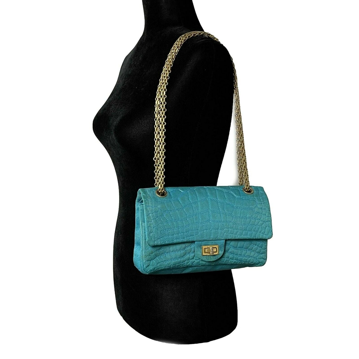 CHANEL - Reissue Small 2.55 Satin Crocodile Stitch - Turquoise / Gold Crossbody