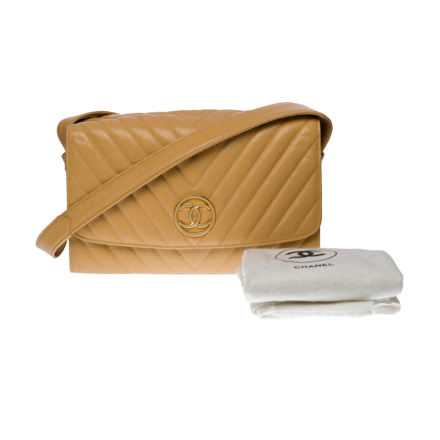 CHANEL Classic Flap shoulder bag in gold herringbone caviar leather, GHW