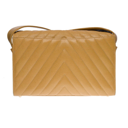 CHANEL Classic Flap shoulder bag in gold herringbone caviar leather, GHW