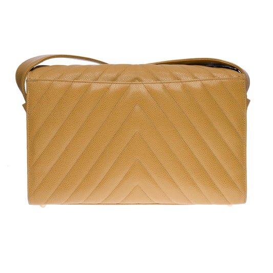 CHANEL Classic Flap shoulder bag in gold herringbone caviar leather, GHW