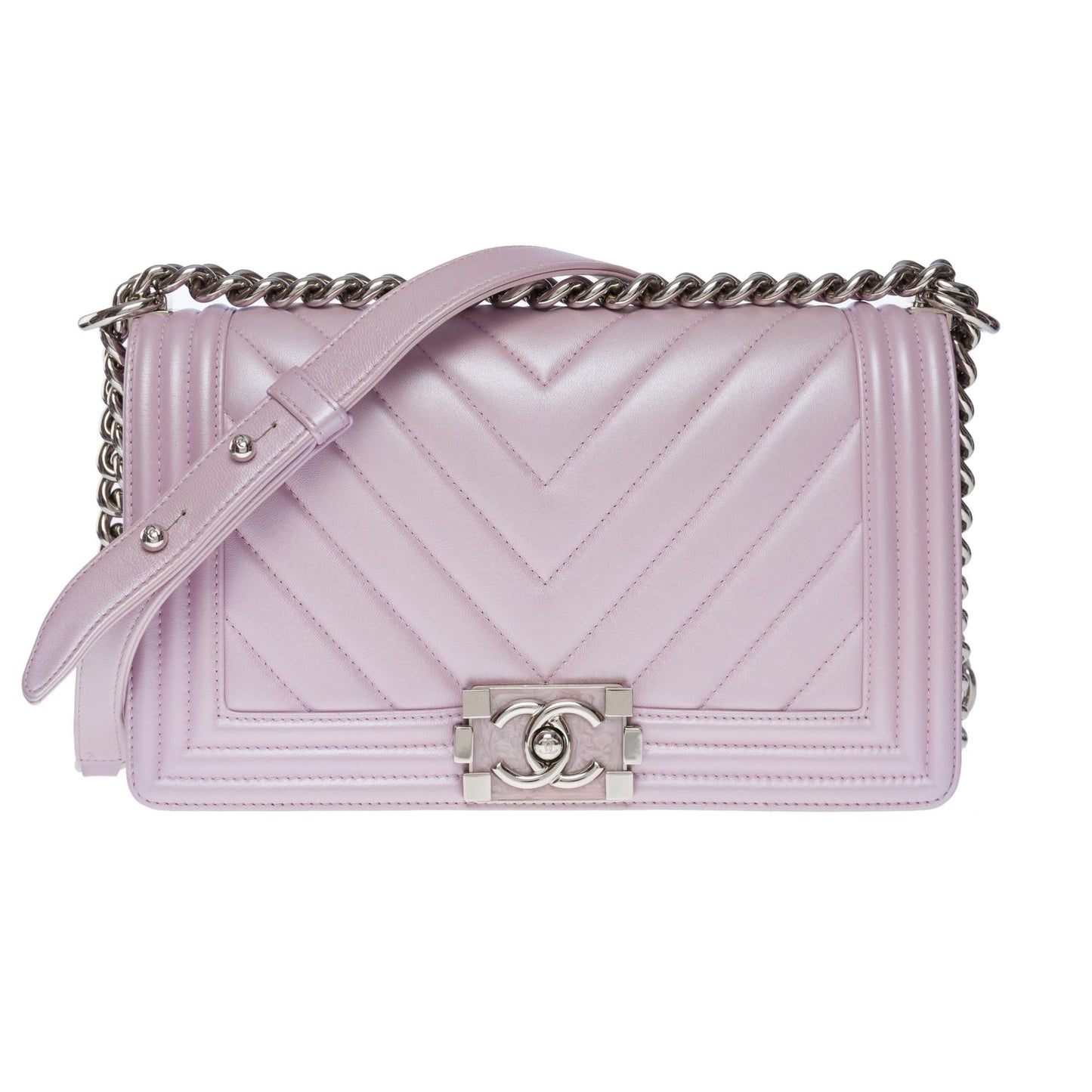 CHANEL Boy Old Medium shoulder bag in lilac quilted herringbone leather, SHW