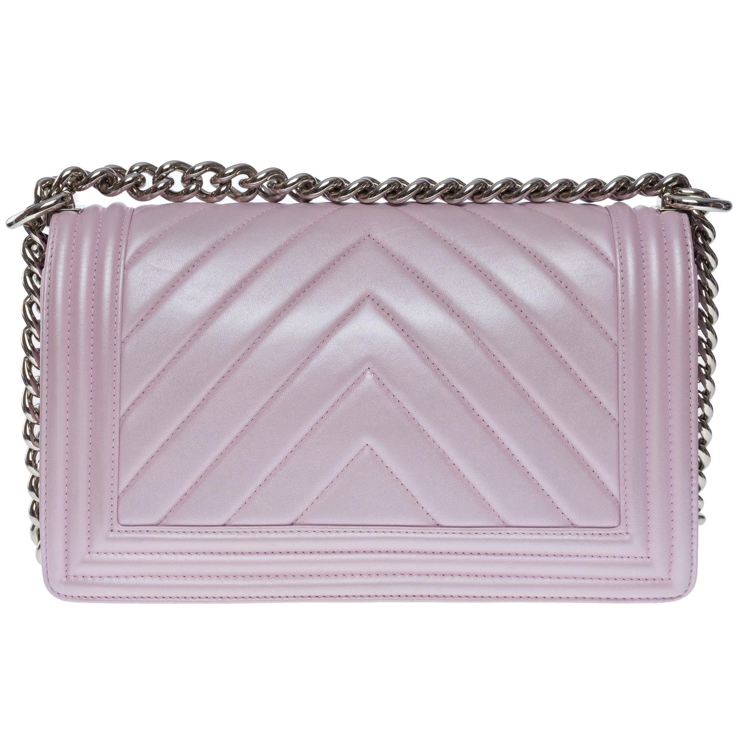 CHANEL Boy Old Medium shoulder bag in lilac quilted herringbone leather, SHW