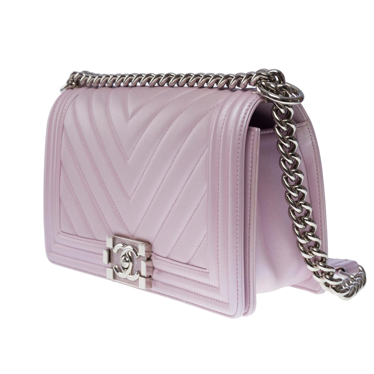 CHANEL Boy Old Medium shoulder bag in lilac quilted herringbone leather, SHW