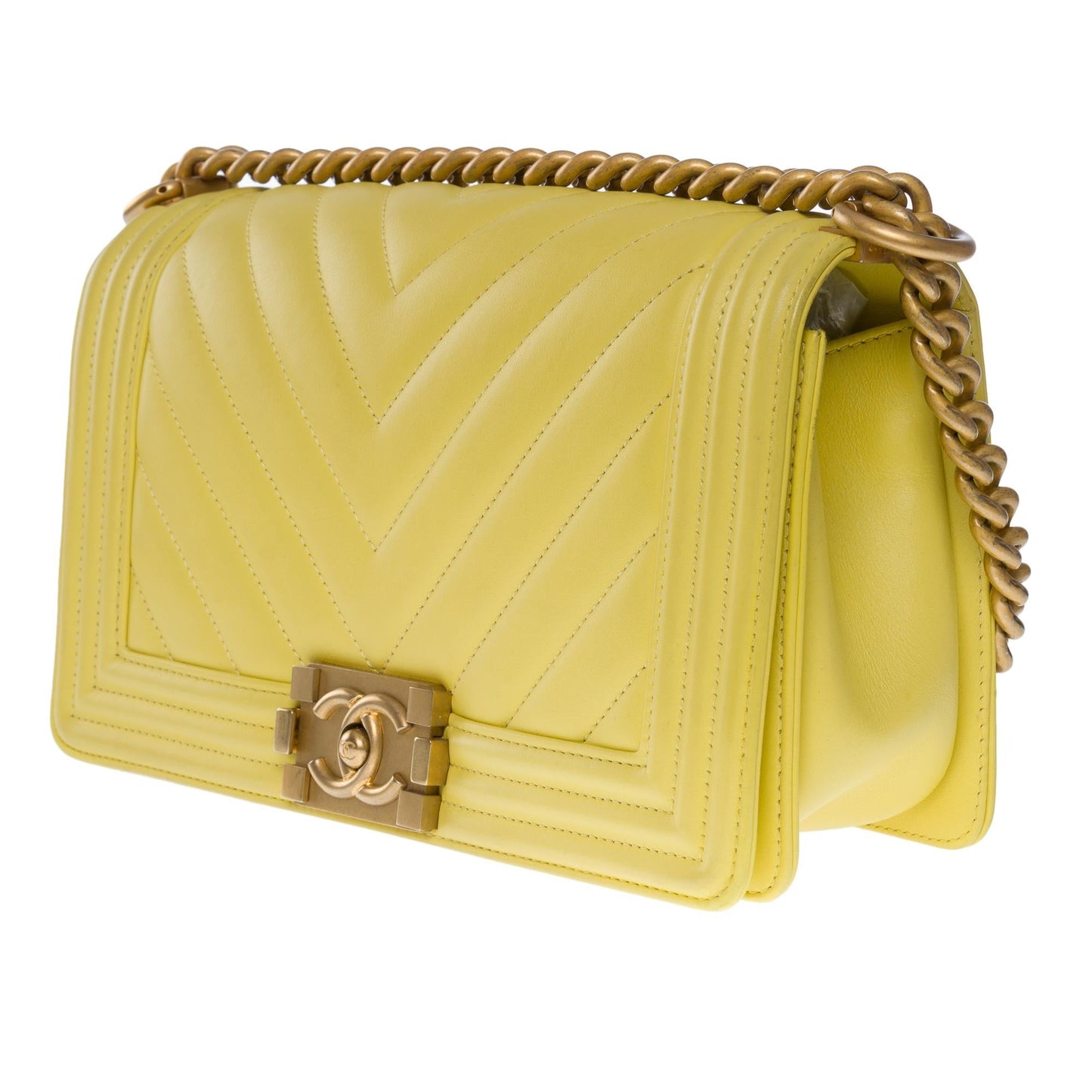 CHANEL Boy Old Medium shoulder bag in Yellow quilted herringbone leather, MGHW