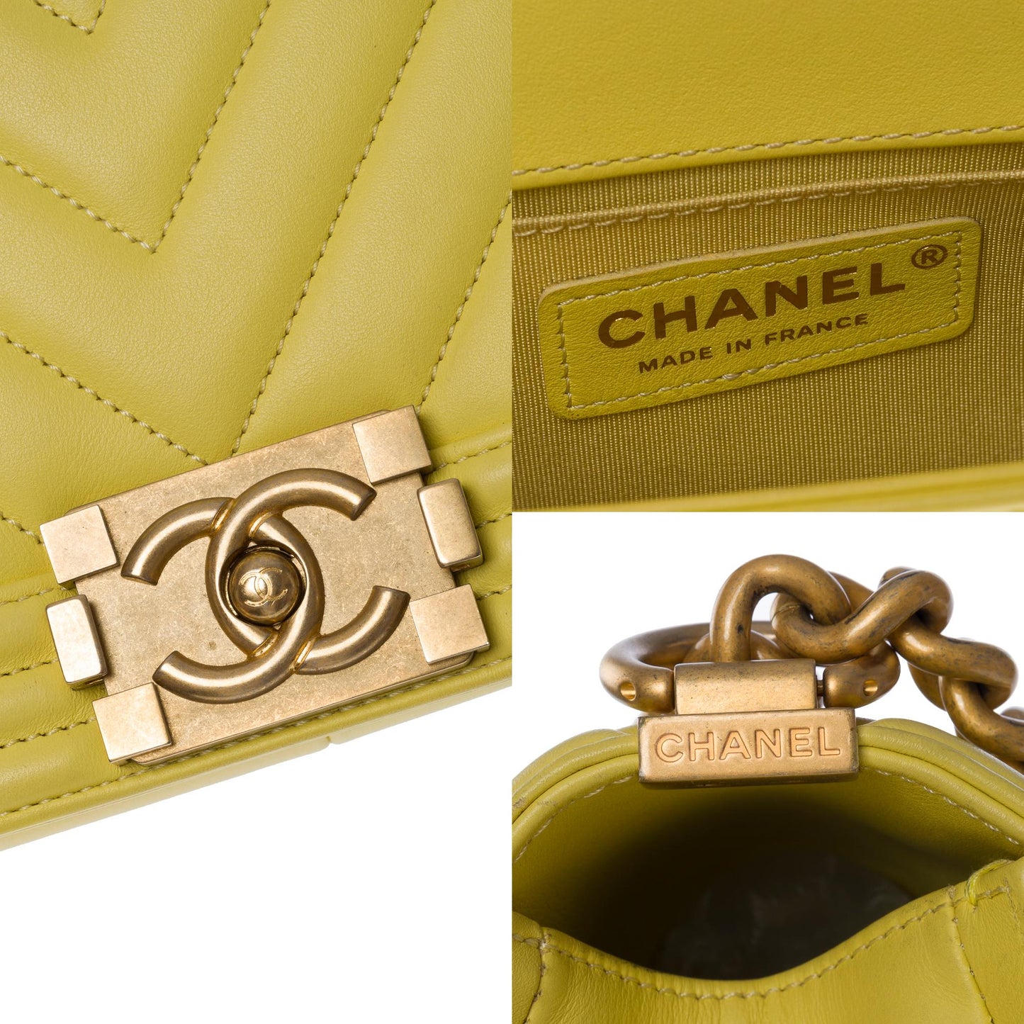 CHANEL Boy Old Medium shoulder bag in Yellow quilted herringbone leather, MGHW