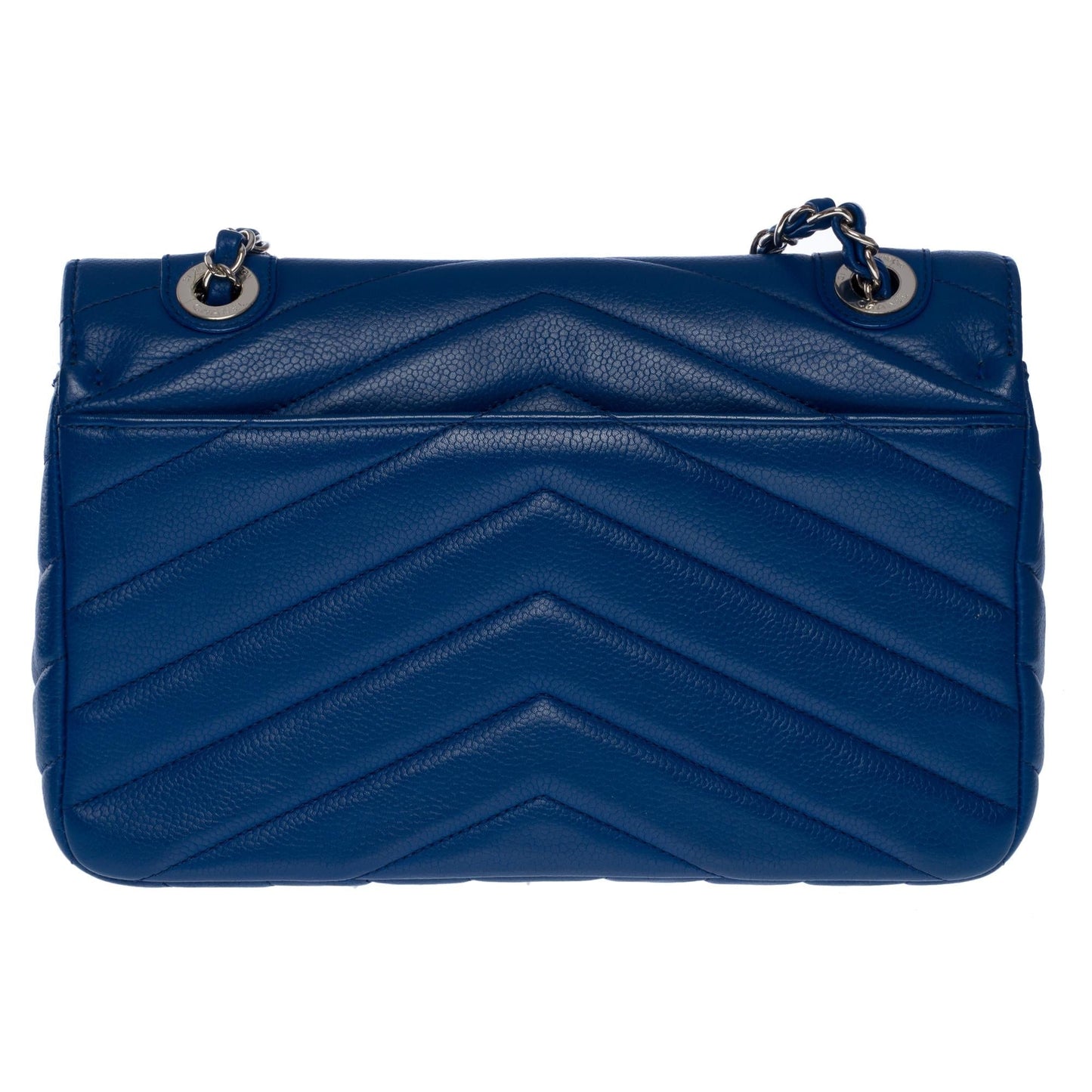 CHANEL Classic shoulder flap bag in blue herringbone quilted caviar leather, SHW