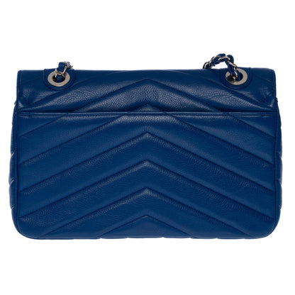 CHANEL Classic shoulder flap bag in blue herringbone quilted caviar leather, SHW