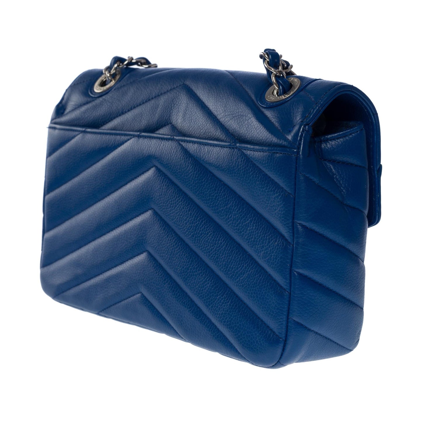 CHANEL Classic shoulder flap bag in blue herringbone quilted caviar leather, SHW