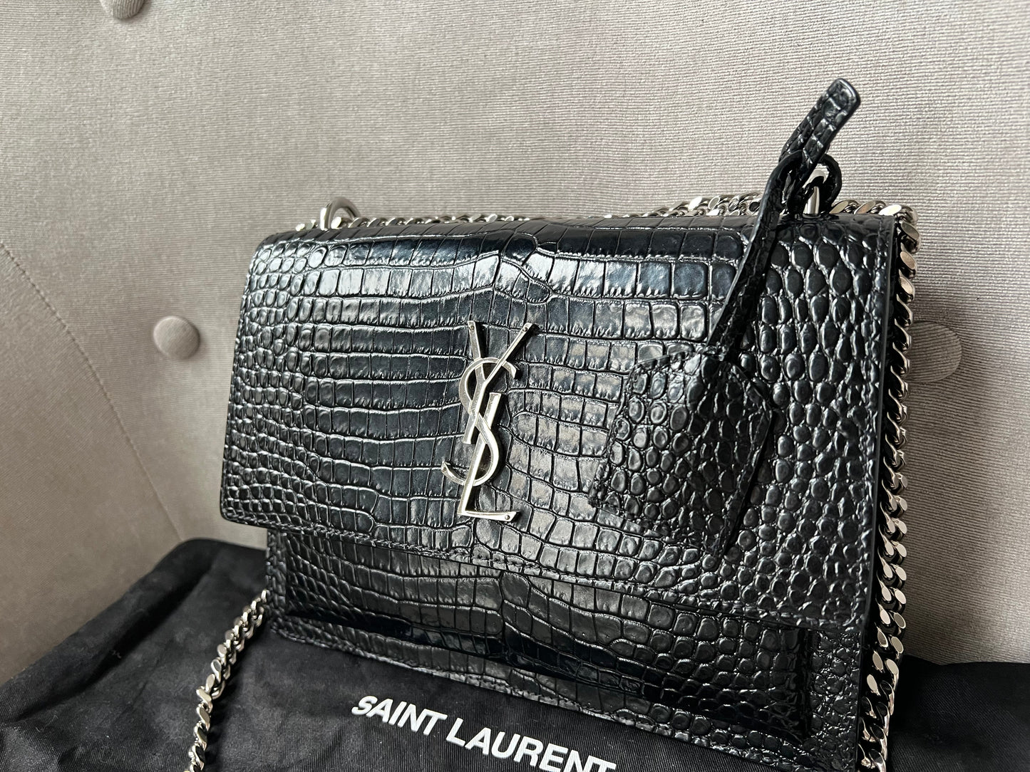 Yves Saint Laurent (YSL) Black Croc Medium Sunset with Silver Hardware