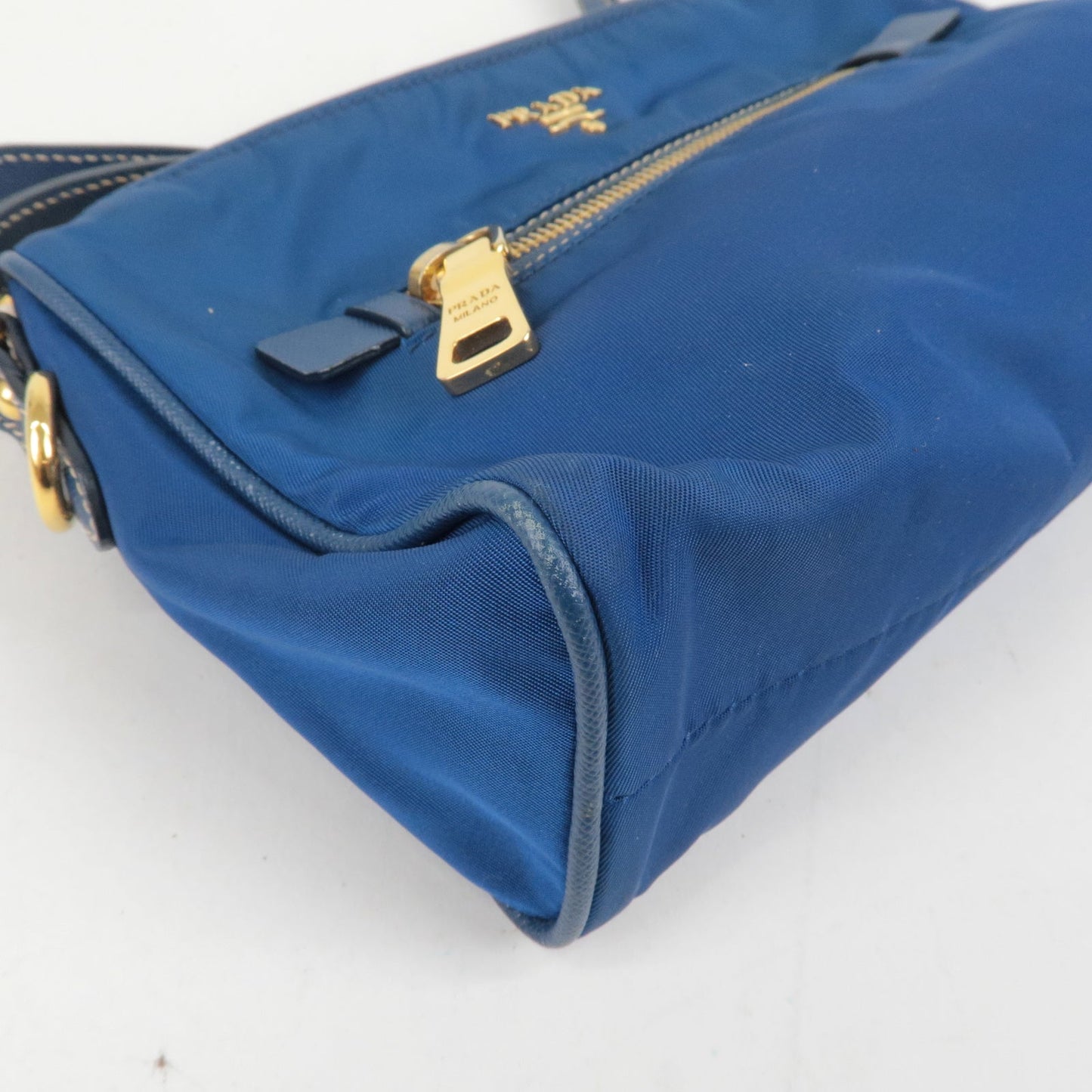 Prada Logo Nylon Leather Hand Bag Pouch Purse Blue BN1834