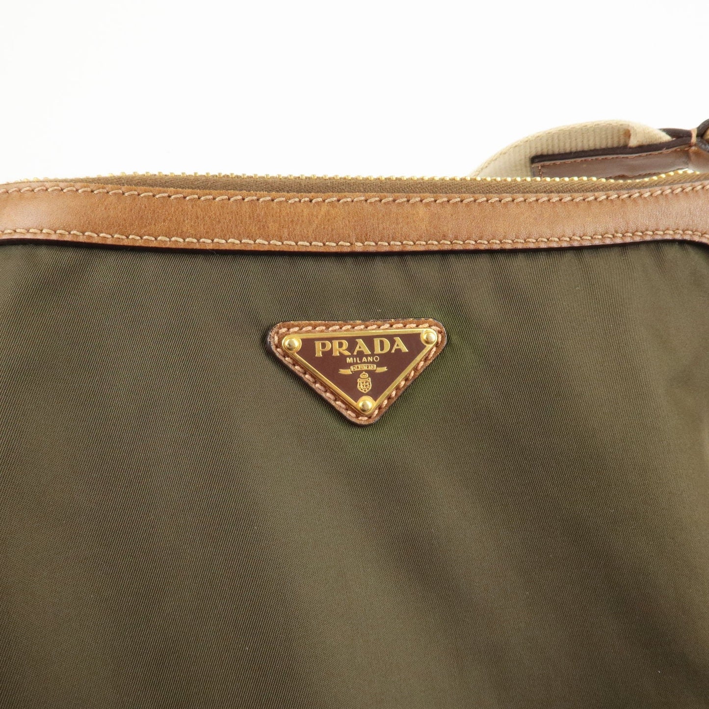 Prada Nylon Leather Shoulder Bag Khaki Brown