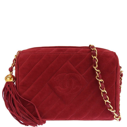 CHANEL Around 1995 Made Suede Cc Mark Stitch Fringe Chain Bag Red