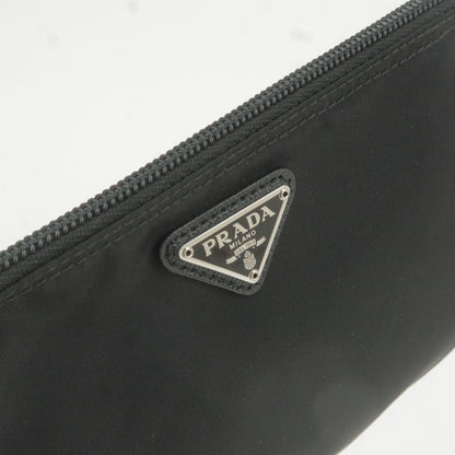 Prada Logo Nylon Leather Pouch Clutch Cosmetic Bag NERO Black