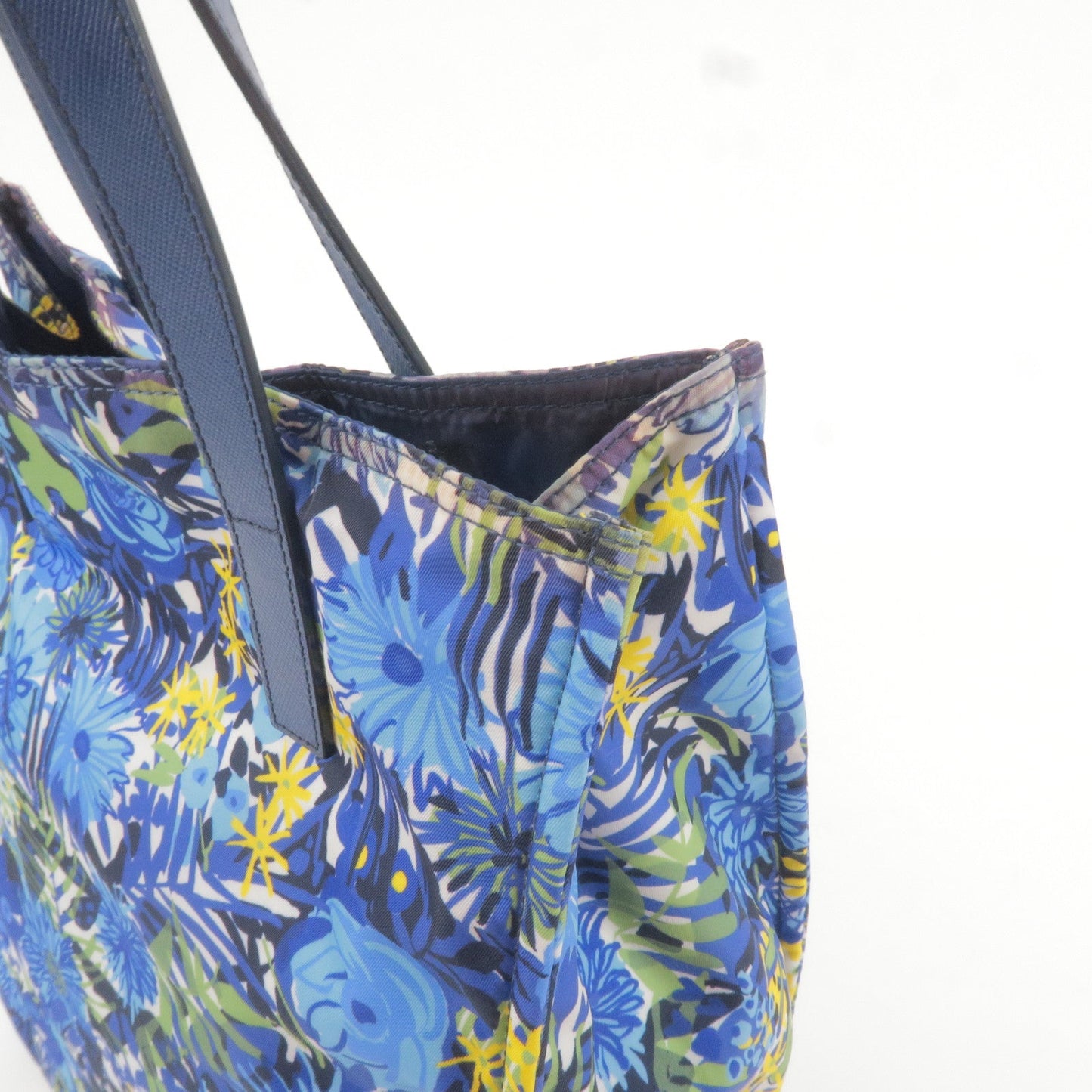 Prada Logo Nylon Leather Tote Bag Floral Print Blue BN2851