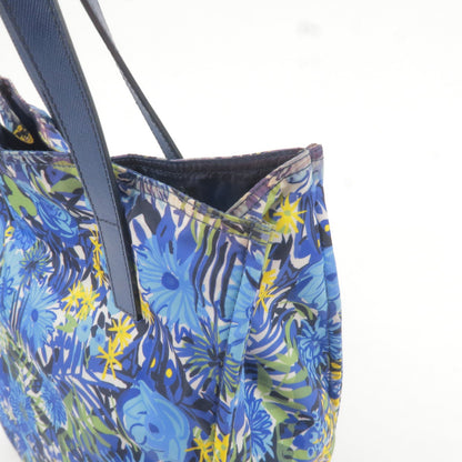 Prada Logo Nylon Leather Tote Bag Floral Print Blue BN2851