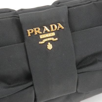 Prada Logo Nylon Leather Pouch Clutch Bag Wristlet Black 1N1422