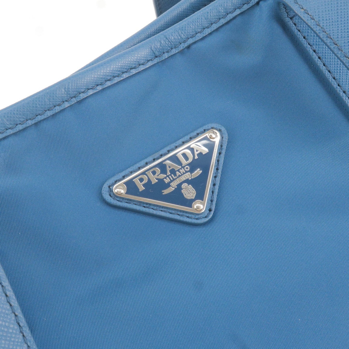 Prada Logo Nylon Leather Tote Bag Hand Bag Blue