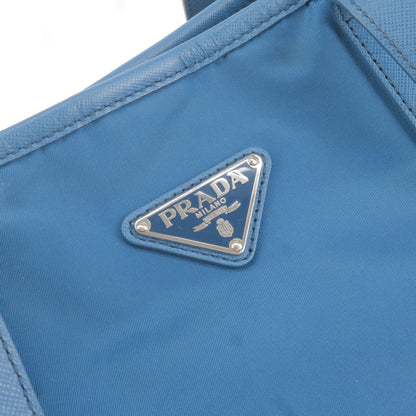 Prada Logo Nylon Leather Tote Bag Hand Bag Blue