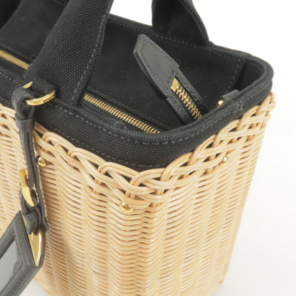 Prada Wicker Canvas 2Way Basket Bag Hand Bag Black 1BG835