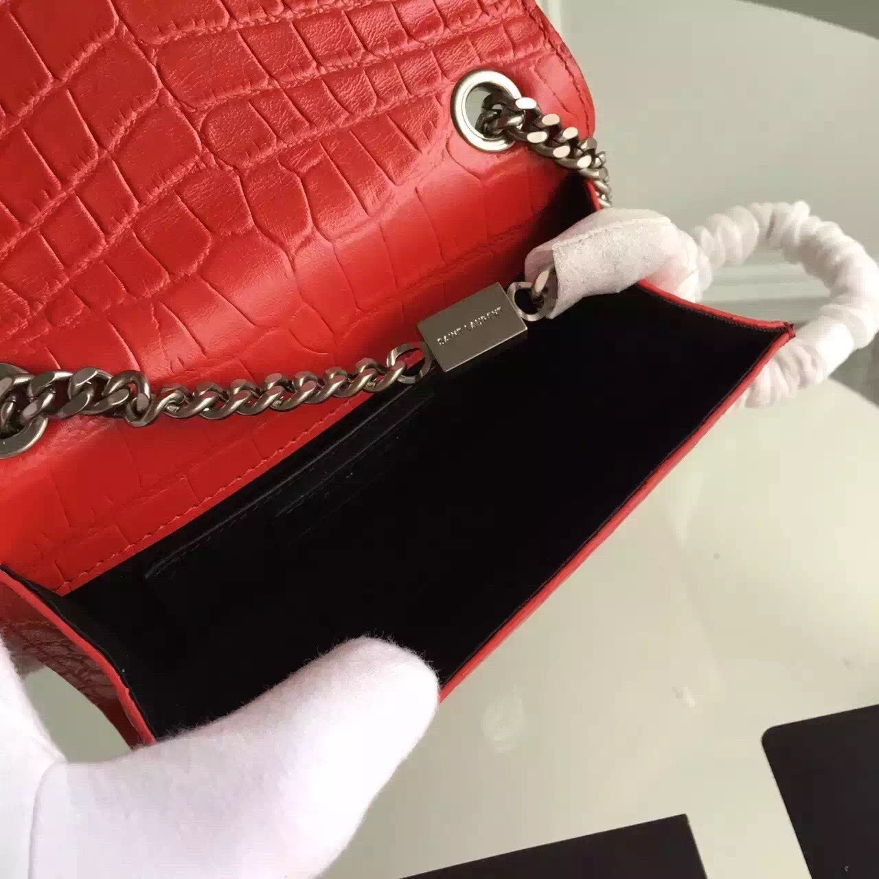 Yves Saint Laurent Small Monogram Tassel Satchel In Red Crocodile Leather