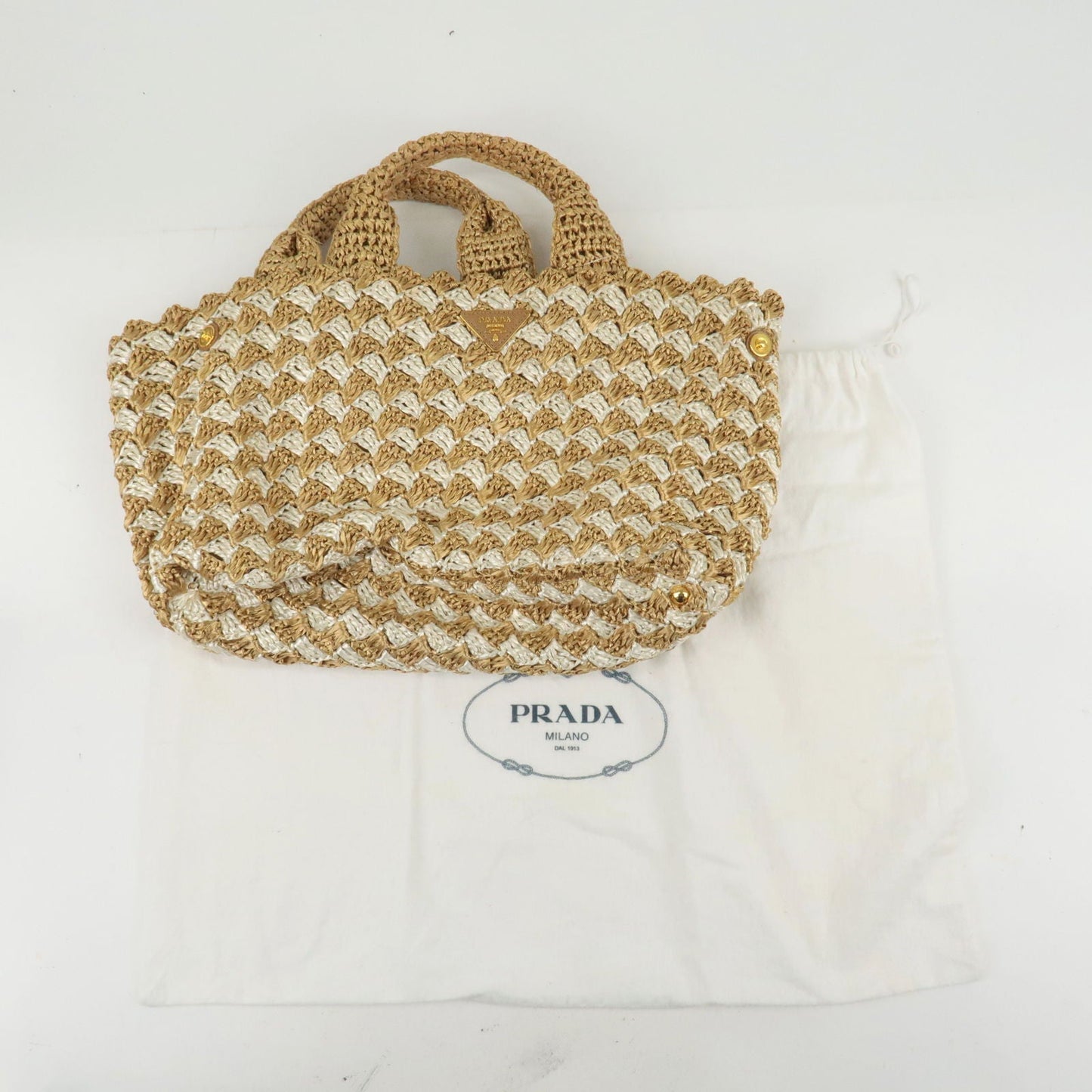 Prada Logo Raffia Crochet Tote Bag Hand Bag Beige Ivory BN2303