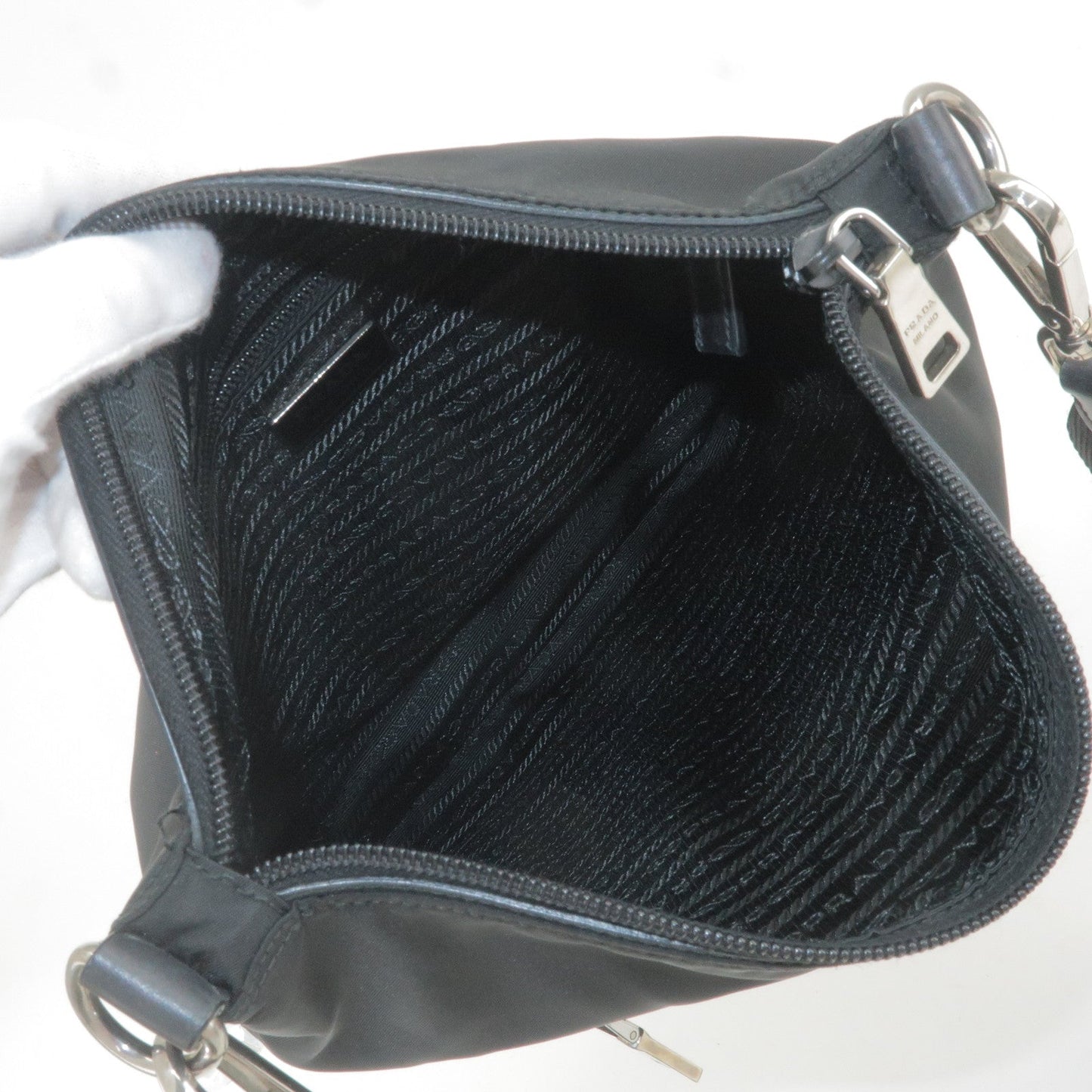 Prada Logo Nylon Leather Shoulder Bag Black Detachable Strap