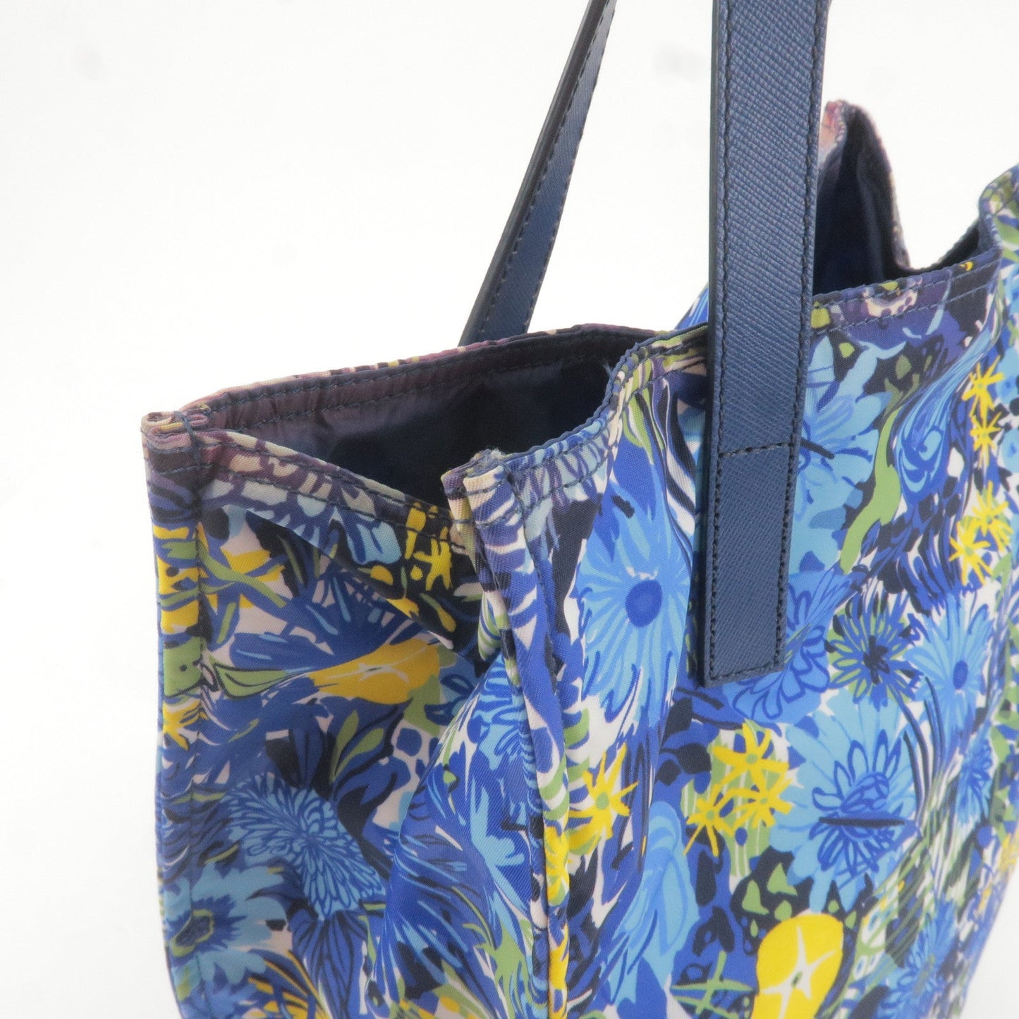 Prada Logo Nylon Leather Tote Bag Floral Print Blue BN2851