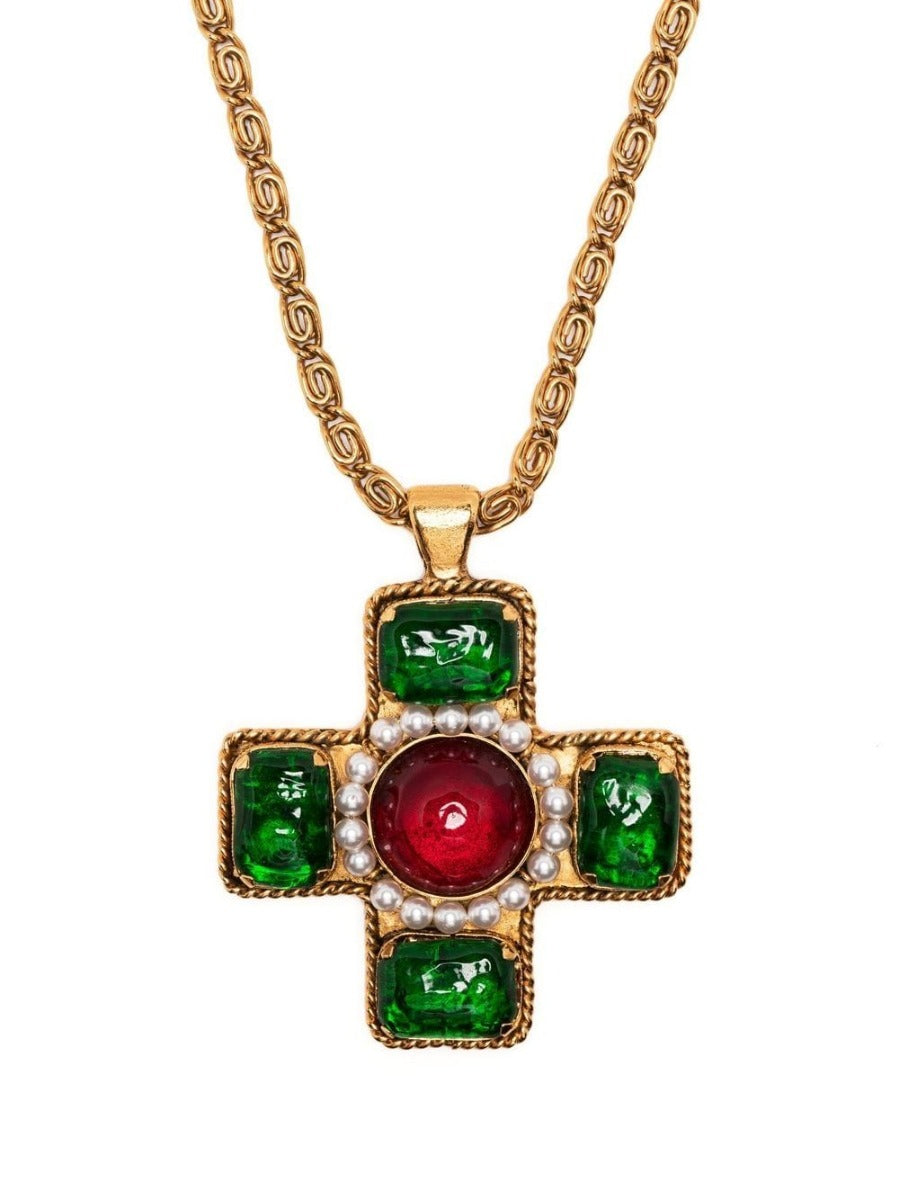 CHANEL Cabochon Maltese Cross Pendant Necklace