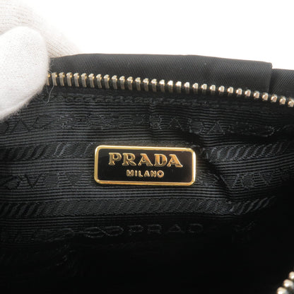 Prada Logo Nylon Leather Pouch Clutch Bag Wristlet Black 1N1422