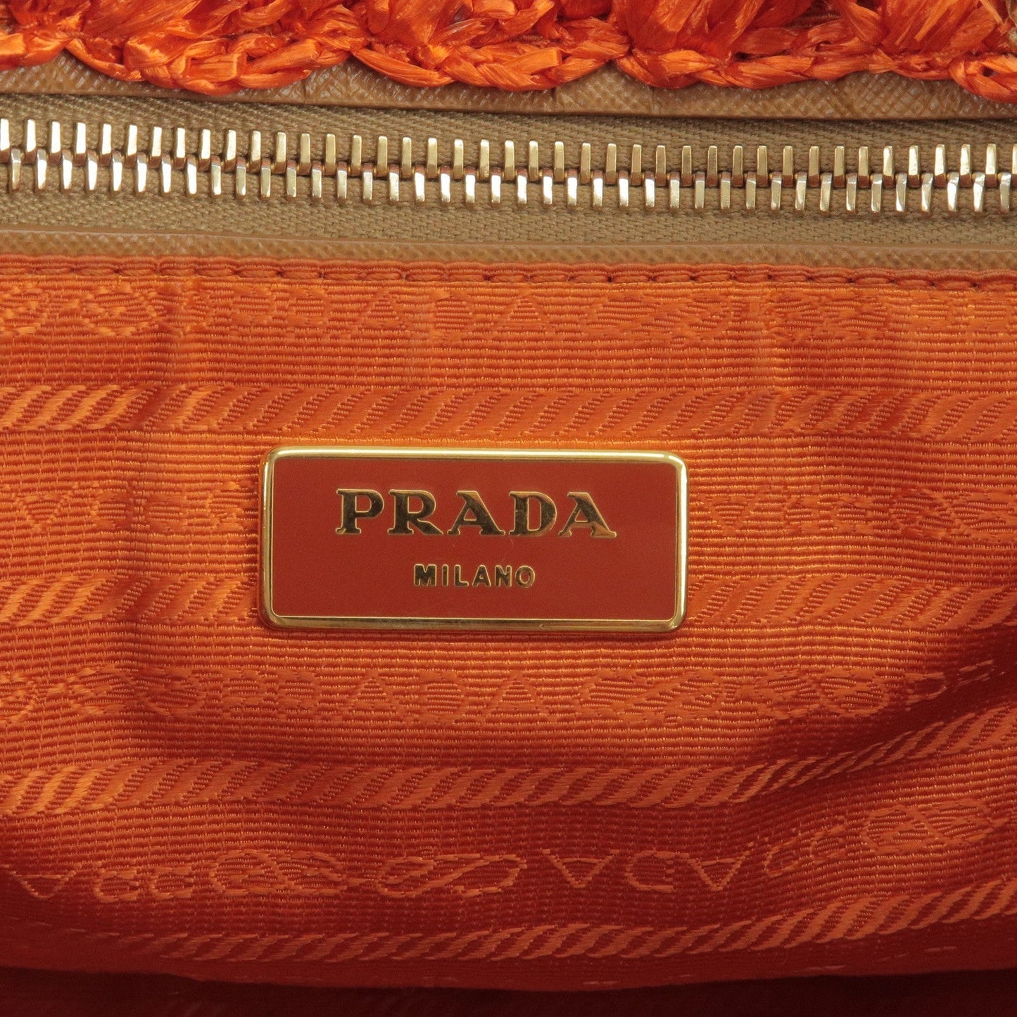 Prada Logo Raffia Crochet Tote Bag Hand Bag Brown Orange BN2303