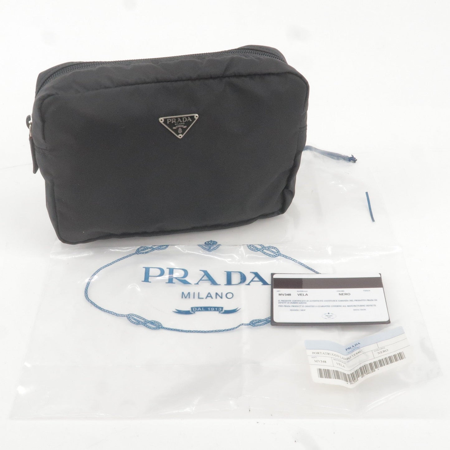 Prada Logo Nylon Leather Pouch Cosmetic Bag NERO Black MV348