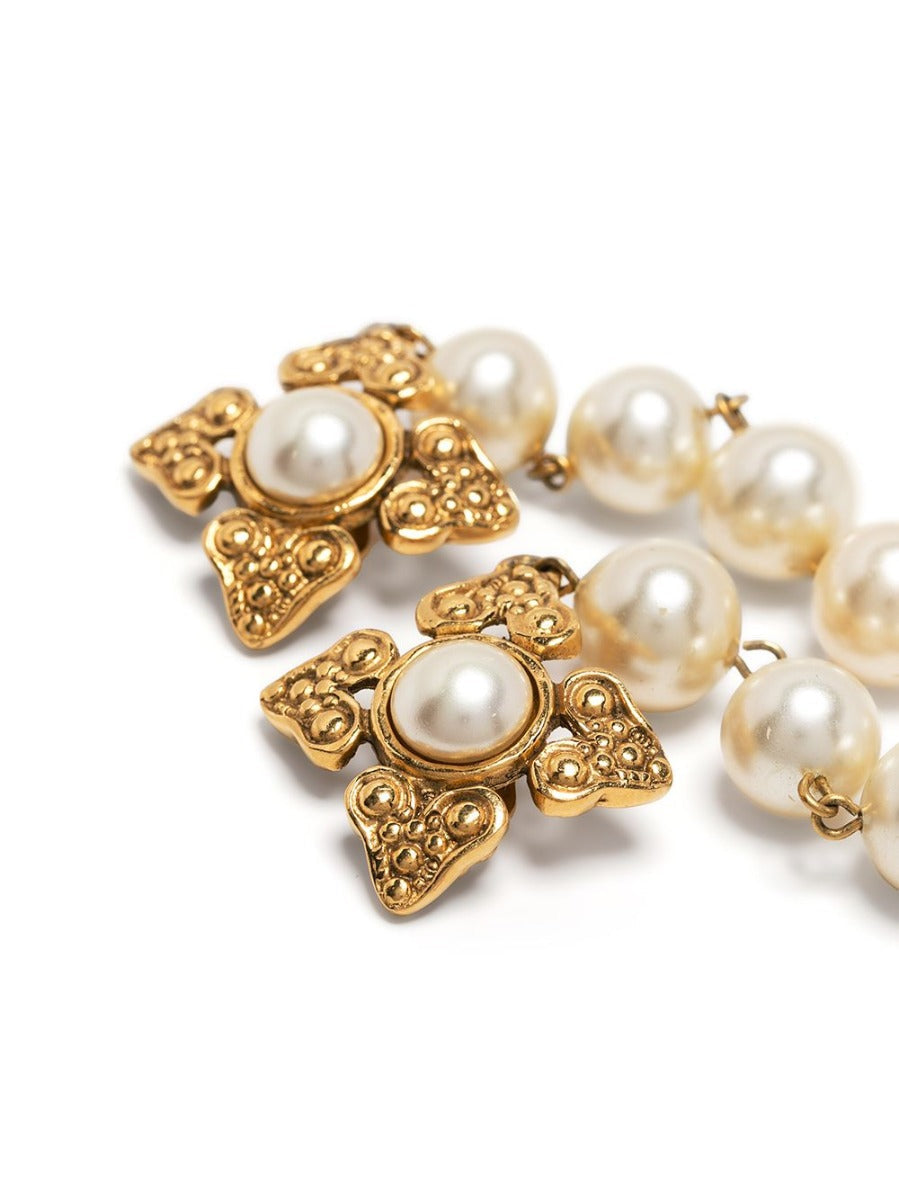 CHANEL Faux-Pearl Cross Drop Clip-on Earrings