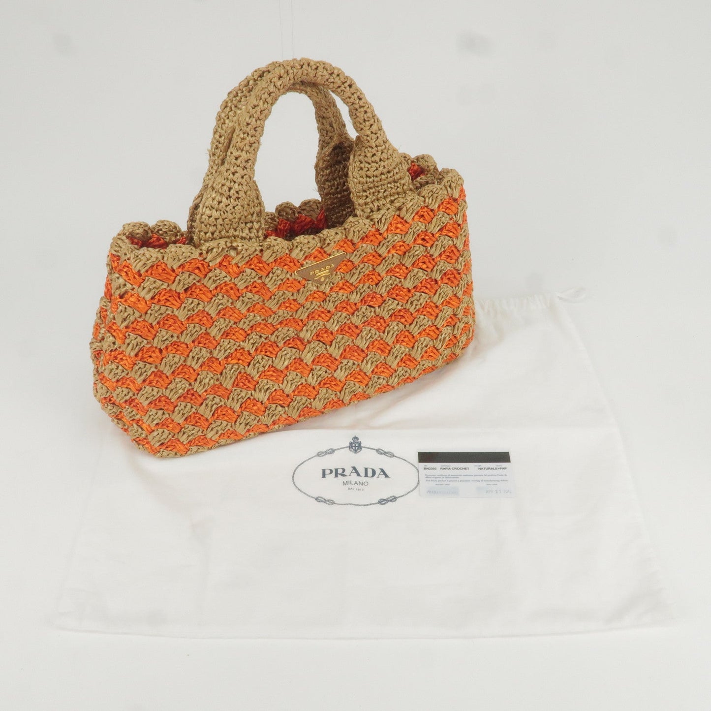 Prada Logo Raffia Crochet Tote Bag Hand Bag Brown Orange BN2303