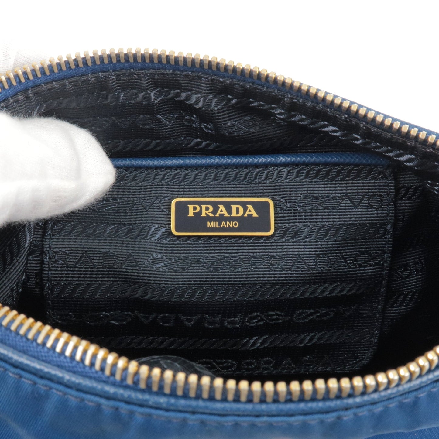 Prada Logo Nylon Leather Hand Bag Pouch Purse Blue BN1834